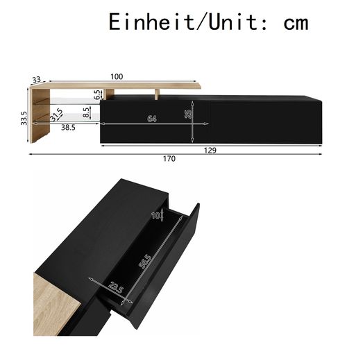 Meuble TV Moderne 170 Cm Noir Brillant Et Bois Avec LED Et Étagères En Verre