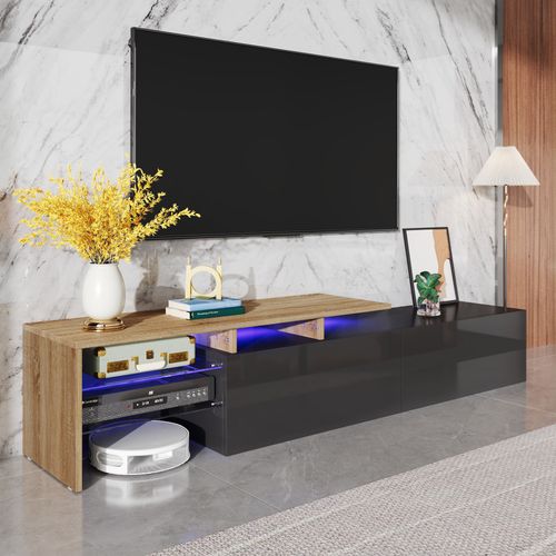 Meuble TV Moderne 170 Cm Noir Brillant Et Bois Avec LED Et Étagères En Verre