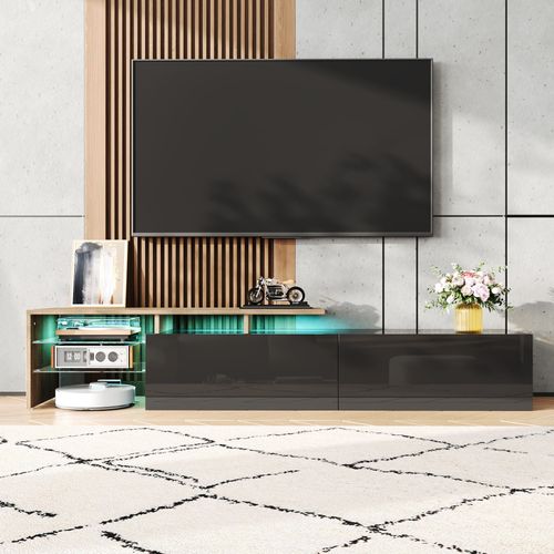 Meuble TV Moderne 170 Cm Noir Brillant Et Bois Avec LED Et Étagères En Verre