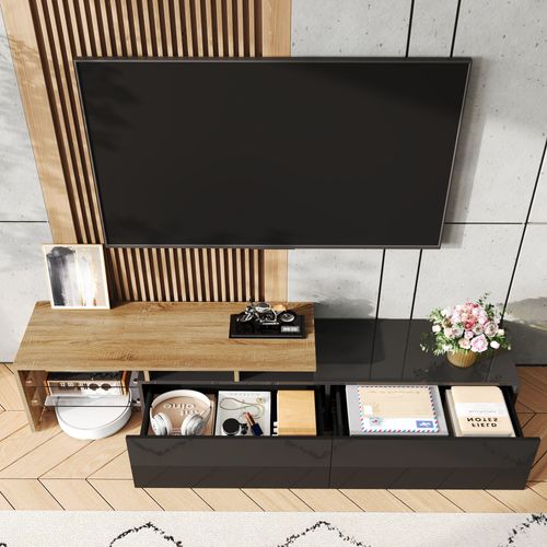 Meuble TV Moderne 170 Cm Noir Brillant Et Bois Avec LED Et Étagères En Verre