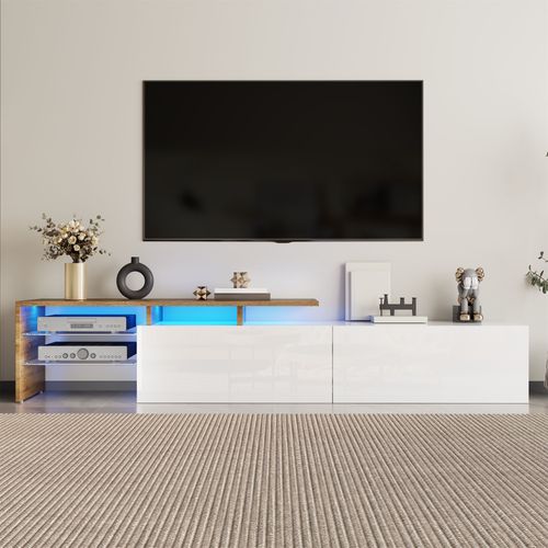 Meuble TV Moderne 170 Cm Blanc Brillant Et Bois Avec LED Et Étagères En Verre