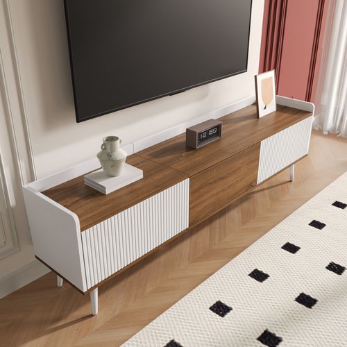 Meuble TV 160 Cm Blanc Et Bois Naturel Avec 3 Portes Et Rangement