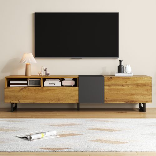 Meuble TV 170 Cm Bois Et Gris Avec 3 Portes Et 2 Étagères