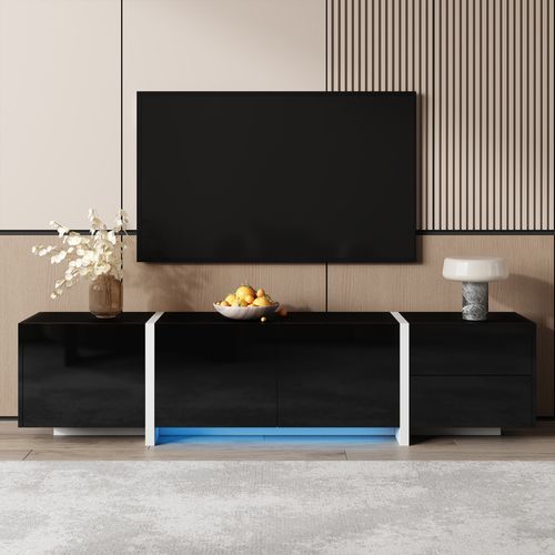 Meuble TV 170 Cm Noir Brillant Et Blanc Avec LED, Portes Et Tiroir
