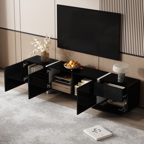 Meuble TV 170 Cm Noir Brillant Et Blanc Avec LED, Portes Et Tiroir