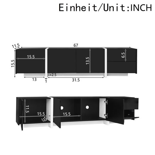Meuble TV 170 Cm Noir Brillant Et Blanc Avec LED, Portes Et Tiroir