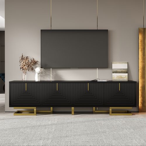 Meuble TV 160 Cm Portes Structurées, Noir Élégant Avec Poignées Et Pieds Dorés