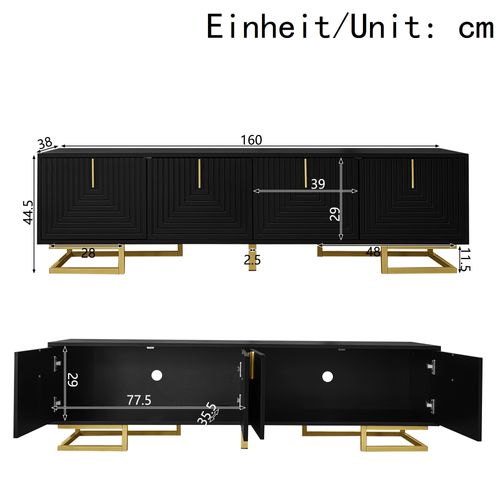 Meuble TV 160 Cm Portes Structurées, Noir Élégant Avec Poignées Et Pieds Dorés