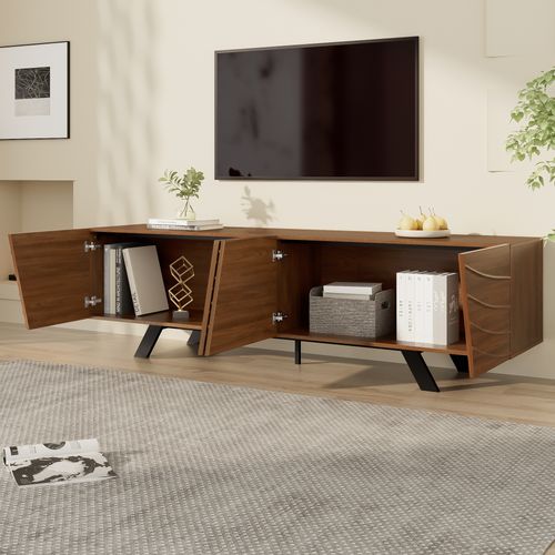 Meuble TV 160 Cm Style Moderne Avec Façade Ondulée Et Pieds Noirs