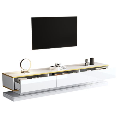 Meuble TV 200 Cm Blanc Chaud Avec 3 Tiroirs Et Bord Doré
