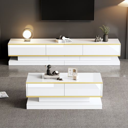 Ensemble Meuble TV Et Table Basse Blanc Chaud Avec Bord Doré Et Tiroirs