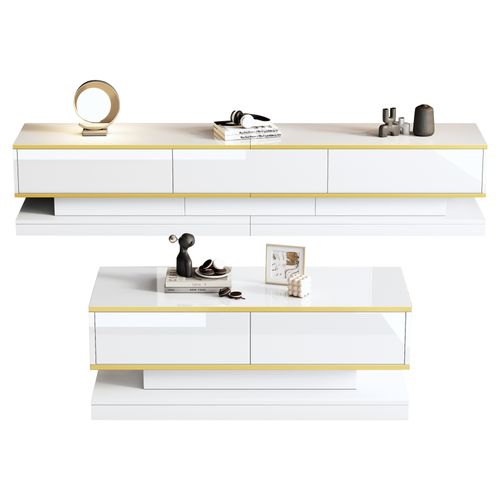 Ensemble Meuble TV Et Table Basse Blanc Chaud Avec Bord Doré Et Tiroirs