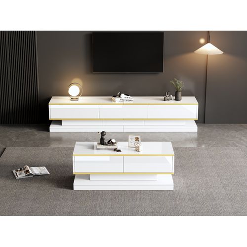 Ensemble Meuble TV Et Table Basse Blanc Chaud Avec Bord Doré Et Tiroirs
