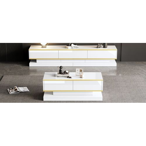 Ensemble Meuble TV Et Table Basse Blanc Chaud Avec Bord Doré Et Tiroirs
