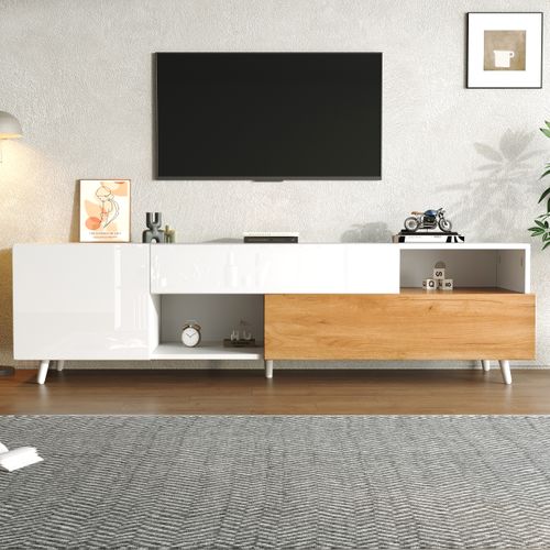 Meuble TV Blanc Et Bois Avec Tiroir, Portes Rabattables Et LED Optionnel