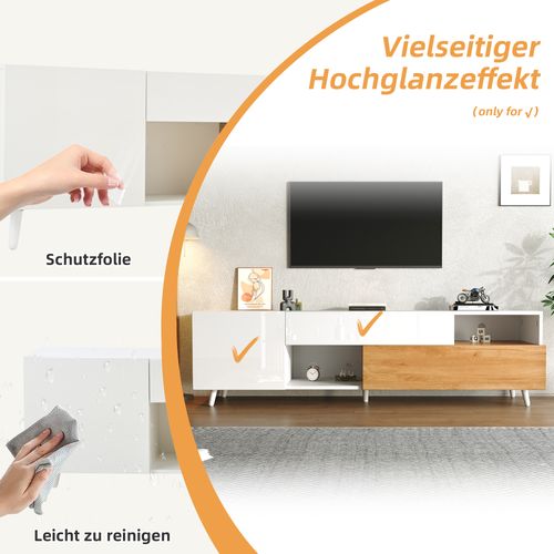 Meuble TV Blanc Et Bois Avec Tiroir, Portes Rabattables Et LED Optionnel