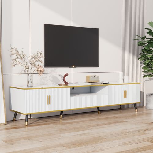 Meuble TV 200 Cm Blanc Effet Marbre Avec LED, 4 Portes Et 1 Tiroir