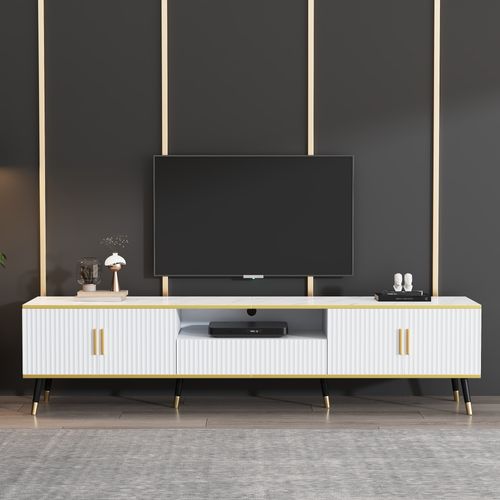 Meuble TV 200 Cm Blanc Effet Marbre Avec LED, 4 Portes Et 1 Tiroir