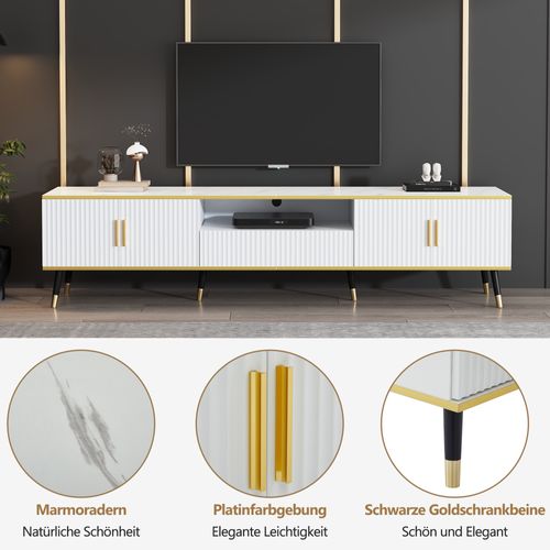 Meuble TV 200 Cm Blanc Effet Marbre Avec LED, 4 Portes Et 1 Tiroir