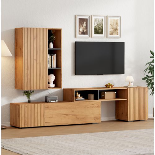 Ensemble Meuble TV Modulable 174-265 Cm Bois Et Noir Avec Vitrine