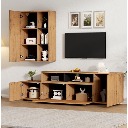 Ensemble Meuble TV Modulable 174-265 Cm Bois Et Noir Avec Vitrine
