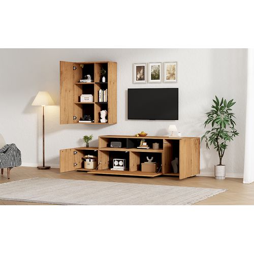 Ensemble Meuble TV Modulable 174-265 Cm Bois Et Noir Avec Vitrine