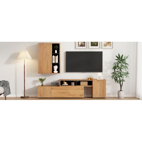Ensemble Meuble TV Modulable 174-265 Cm Bois Et Noir Avec Vitrine