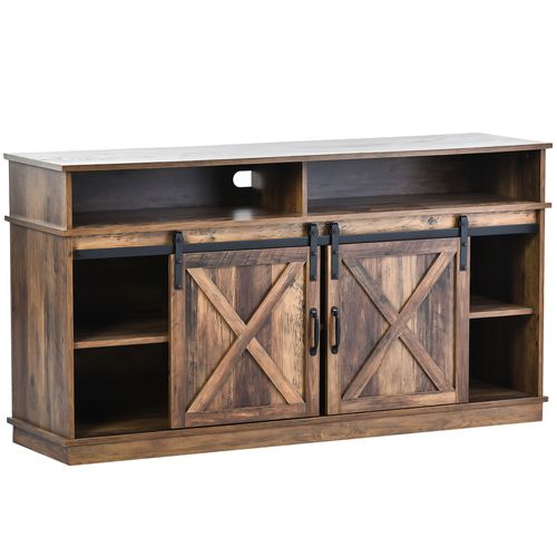Grand Meuble TV 148 Cm Style Ferme Avec Portes Coulissantes Et Étagères Réglables