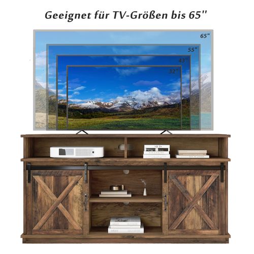 Grand Meuble TV 148 Cm Style Ferme Avec Portes Coulissantes Et Étagères Réglables