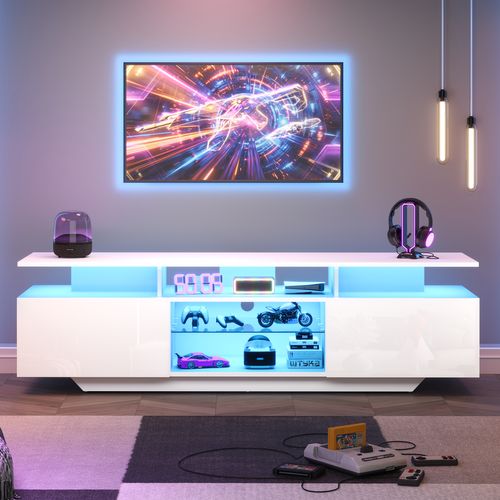 Meuble TV 160 Cm Blanc Avec LED Et 8 Espaces De Rangement