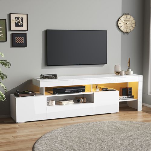 Meuble TV 192 Cm Blanc Avec LED, 3 Portes Et Étagères Modulables Pour TV 85''