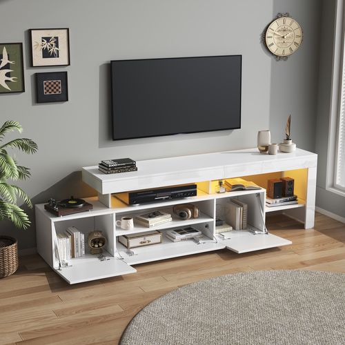 Meuble TV 192 Cm Blanc Avec LED, 3 Portes Et Étagères Modulables Pour TV 85''