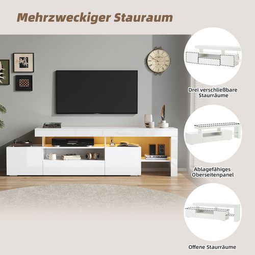 Meuble TV 192 Cm Blanc Avec LED, 3 Portes Et Étagères Modulables Pour TV 85''