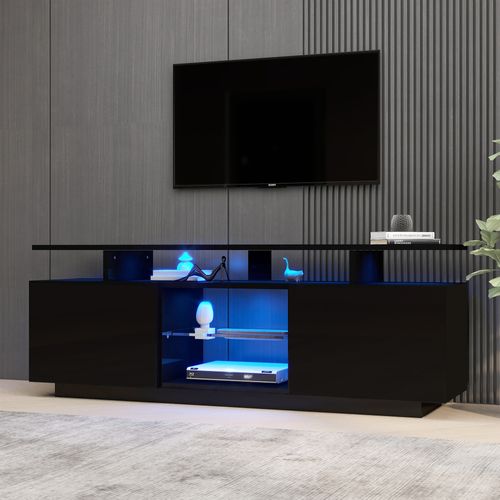 Meuble TV Noir 140 Cm Avec LED 16 Couleurs, 2 Portes Brillantes Et 5 Compartiments
