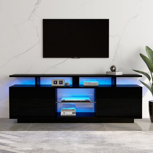 Meuble TV Noir 140 Cm Avec LED 16 Couleurs, 2 Portes Brillantes Et 5 Compartiments