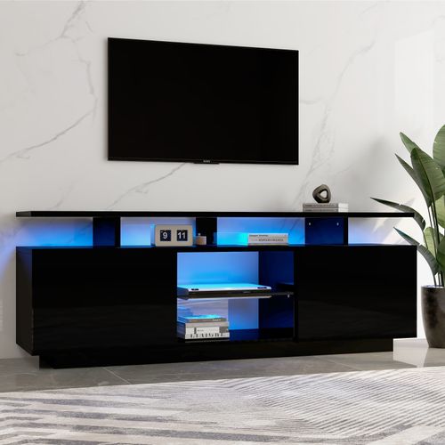 Meuble TV Noir 140 Cm Avec LED 16 Couleurs, 2 Portes Brillantes Et 5 Compartiments