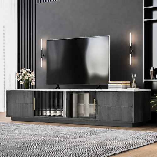Meuble TV Gris 160 Cm Avec Plateau Marbre, 4 Tiroirs Push-open Et Portes Vitrées