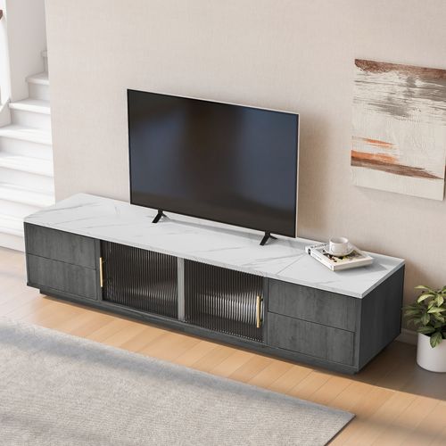 Meuble TV Gris 160 Cm Avec Plateau Marbre, 4 Tiroirs Push-open Et Portes Vitrées