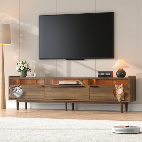 Meuble TV Moderne Avec LED Et Espace Chat, Portes En Verre Trempé, Tiroir