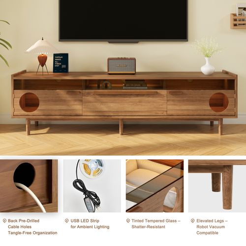 Meuble TV Moderne Avec LED Et Espace Chat, Portes En Verre Trempé, Tiroir