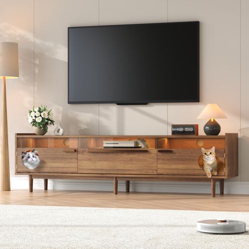 Ensemble Meuble TV Et Table Basse LED Avec Espace Chat, Finition Noyer