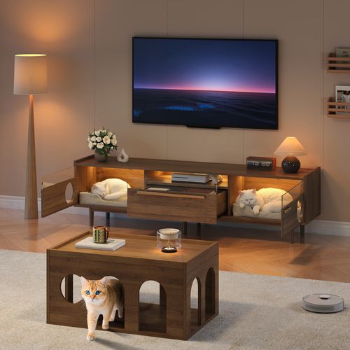 Ensemble Meuble TV Et Table Basse LED Avec Espace Chat, Finition Noyer