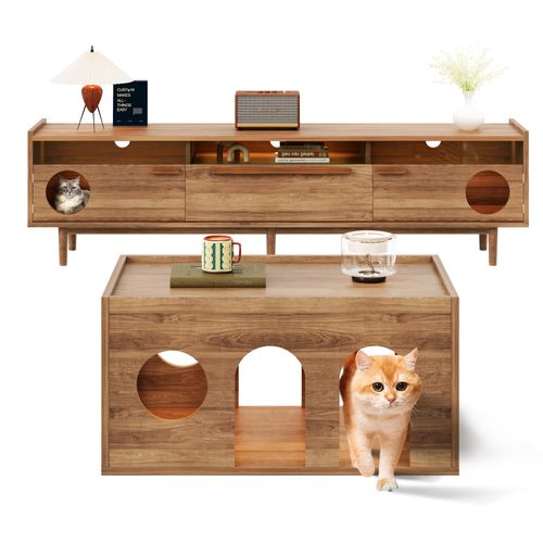 Ensemble Meuble TV Et Table Basse LED Avec Espace Chat, Finition Noyer