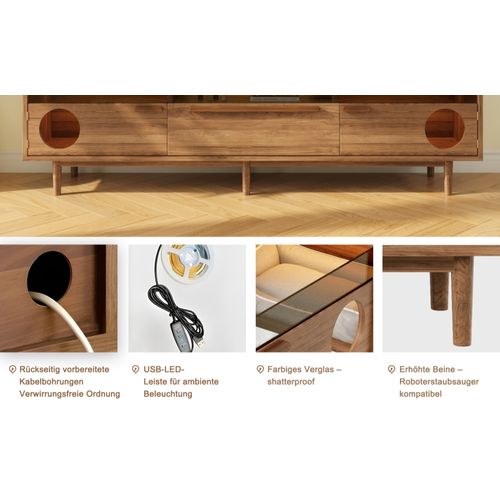 Ensemble Meuble TV Et Table Basse LED Avec Espace Chat, Finition Noyer