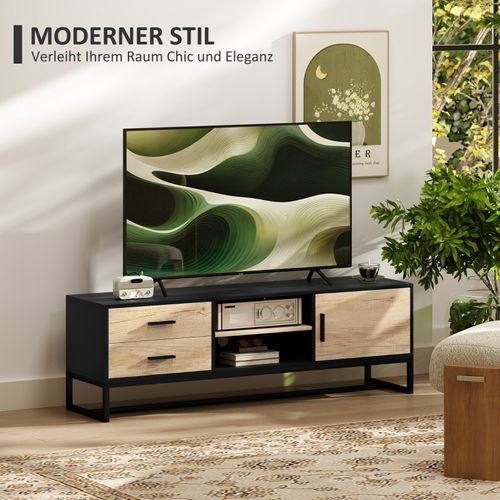 Meuble TV Moderne Avec Portes, Tiroirs Et Étagère Réglable, Noir