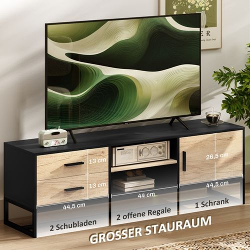 Meuble TV Moderne Avec Portes, Tiroirs Et Étagère Réglable, Noir