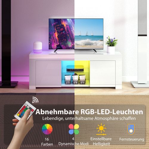Meuble TV Blanc Avec LED Rgb, 2 Portes Et Étagère En Verre, 120 Cm