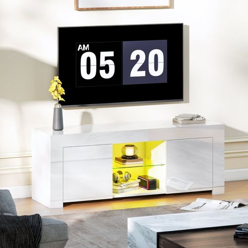 Meuble TV Blanc Avec LED Rgb, 2 Portes Et Étagère En Verre, 120 Cm