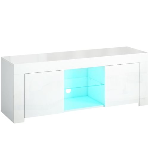 Meuble TV Blanc Avec LED Rgb, 2 Portes Et Étagère En Verre, 120 Cm