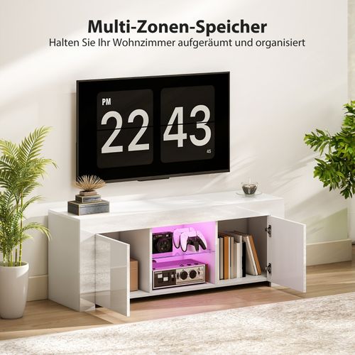 Meuble TV Blanc Avec LED Rgb, 2 Portes Et Étagère En Verre, 120 Cm
